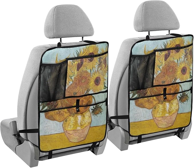 Automotive Seat Back Organizers Car Seat Organizer Waterproof Car Back Storage Kick Mat, Backseat Car Organizer with Pockets,Car Seat Protector Fit All 1Pcs Vangogh Sunflower Yellow