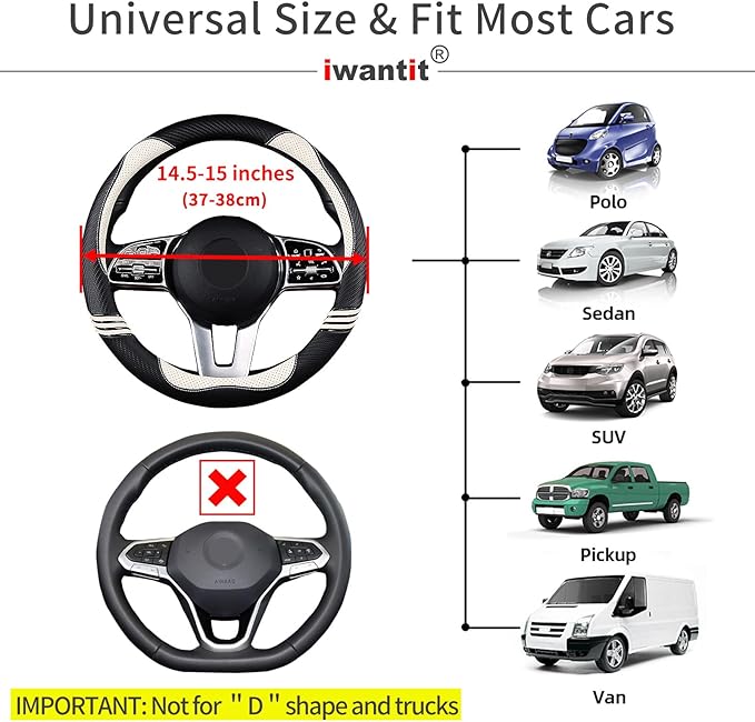 Iwantit® Cute Steering Wheel Cover for Women, Pu Leather with Anti-Slip Rubber Ring, Steering Wheel Protector for Men, Universal Fit 14.5-15 inches for Cars,SUV (Pearl White)