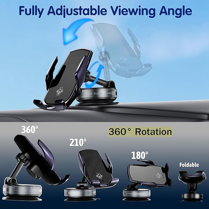 15W Wireless Fast Car Charger, Auto-Clamping Car Phone Holder with Rotating Vacuum Suction, Smart Sensor, 360° Adjustable Dashboard & Windshield Mount for iPhone & Samsung (Dark Purple)