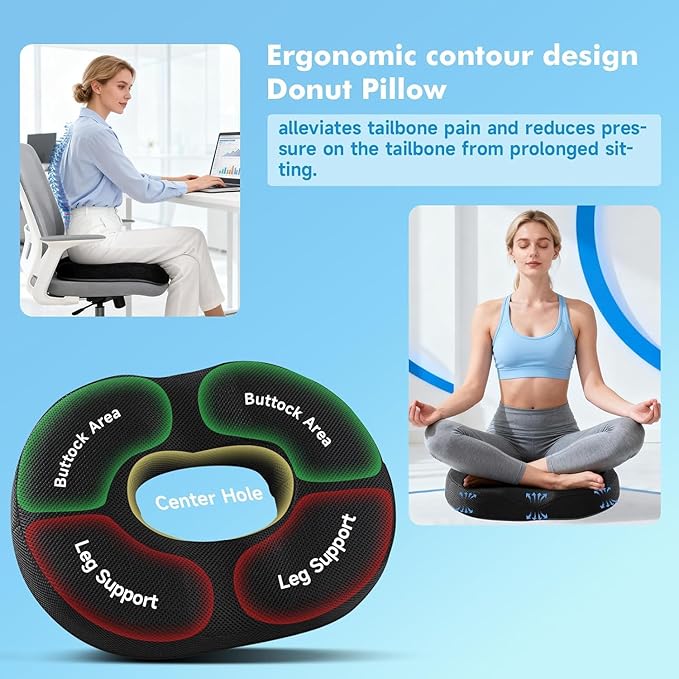 Niceeday Donut Pillow for Office Chair Seat Cushion for Car, Cooling Gel Memory Foam Cushion for Wheelchair Kitchen Chair Driving Desk Chair, Car Seat Cushion Chair Cushions for Sciatica Pain Relief
