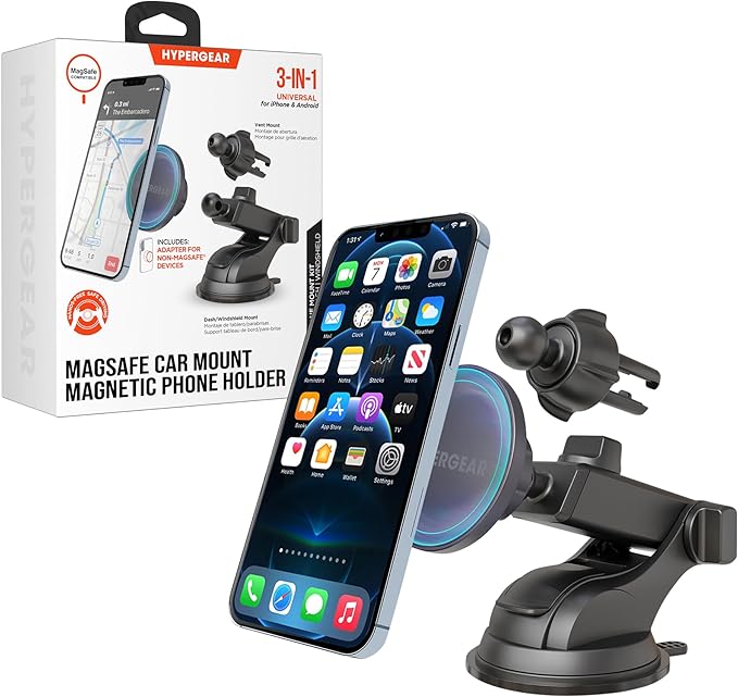 HyperGear MagSafe Car Mount - Magnetic Phone Holders for your Car Phone Holder Mount, Hands Free Mobile 3 Mounting Options (Windshield+Vent+Dash), Adapter included Cellphone Holder for iPhone, Android