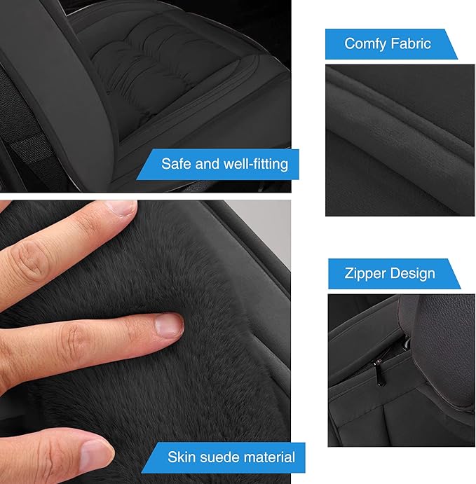 AOOG Fuzzy Car Seat Covers, Heated Bench Back Cushion Protector for Cars SUV Trucks(Front Pair,Black)