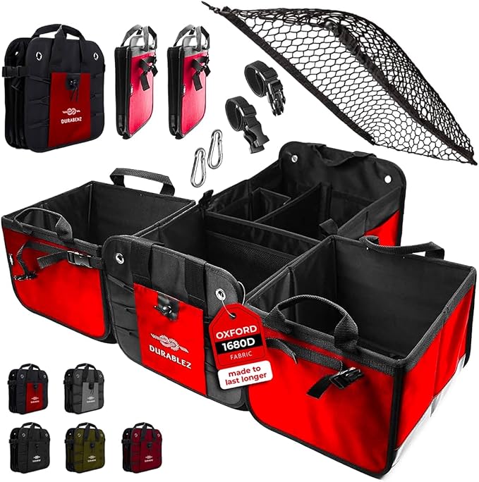 XL Trunk Organizer 4-Section Modular System – Extra Large Car Cargo Storage, Foldable Multi-Compartment Bin for Groceries, Gear & Travel – High-Density Structure – Red