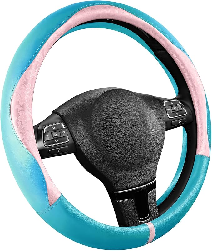 PIC AUTO Steering Wheel Cover, Pink Patterned & Blue Leather Patchwork Design, Universal Fit 14.5"–15.5", Anti-Slip, Odor-Free, Soft PU Grain Leather, Durable Grip Car Accessory for Girls & Women
