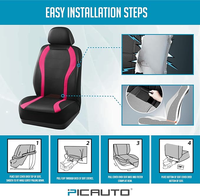PIC AUTO Leather Car Seat Covers, Premium Automotive Waterproof Front & Rear Full Set Bucket Car Seat Protectors, Black and HotPink PVC Patchwork, Fits for Cars, Trucks, Van, SUV, Airbag Compatible
