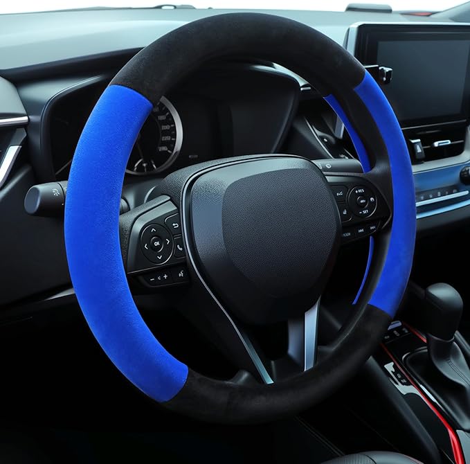 SEG Direct Steering Wheel Cover for Car, Standard Size 14.5-15 inch, Auto Interior Accessories, Warm Plush, Summer Winter, Black and Blue