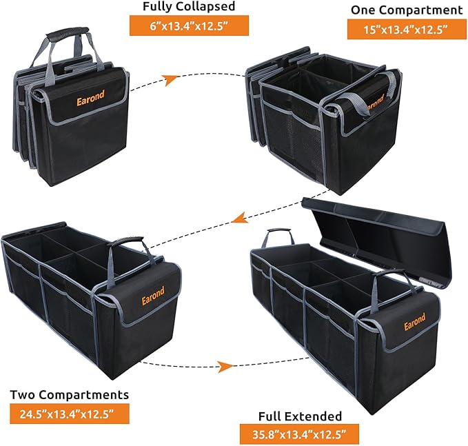 Car Trunk Organizer with Lid,Collapsible Car Storage Organizer with Multi Compartments and Securing Straps for SUV,Sedan,Jeep-Black & Grey