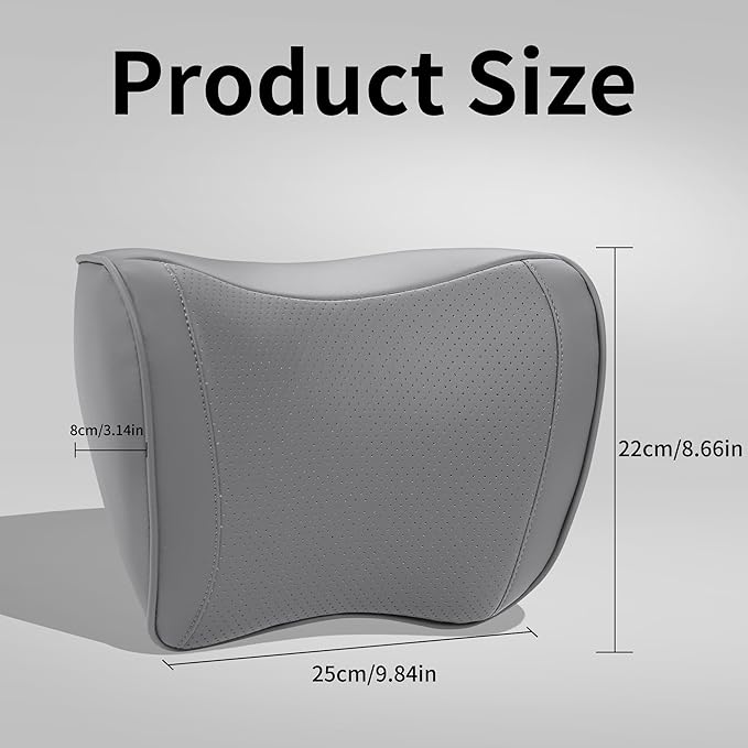 Car Headrest Pillow 100% Memory Foam, Breathable Removable Leather Cover, Premium Seat Support Head Neck Cushion for Driving Travel Home Office, Gray, 2 Pack