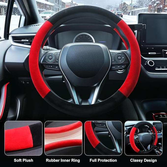 SEG Direct Steering Wheel Cover for Car, Standard Size 14.5-15 inch, Auto Interior Accessories, Warm Plush, Summer Winter, Black and Red