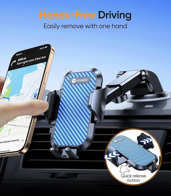 VICSEED Blue Phone Holders for Your Car [Upgraded True Military-Grade Strongest Suction] Cell Phone Mount for Car Dashboard Windshield Vent Truck Boat Stand Adjustable for iPhone Android Smartphones