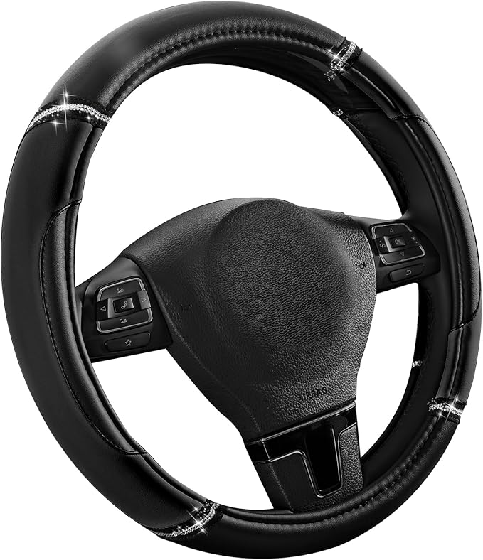 Road Comforts Leather Steering Wheel Cover - Made with PVC Leather - Anti-Slip, Universal Fit 14 1/2 inches to 15 inches - Black