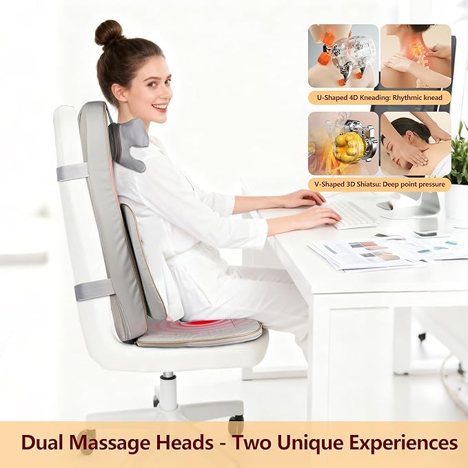 Shiatsu Neck and Back Massager with Heat - Full Back Walking Massager with Deep Kneading & Seat Cushion Vibration for Chair and Home, Pain Relief, Dual-Neck Detachable and Height Adjustment