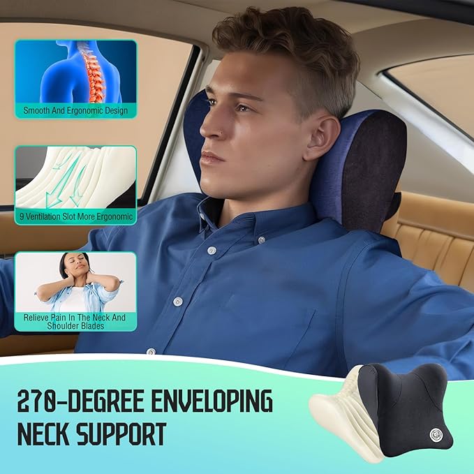 Car Neck Pillow for Driving Seat, Soft Memory Foam Headrest Pillow with Adjustable Strap and Removable Cover, Ergonomic Neck Support for Car, Office Chair, Gaming Chair – Black