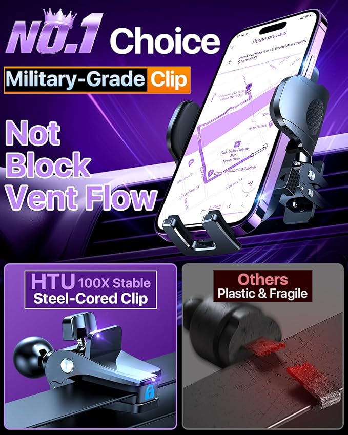 HTU 2026 Ultimate Best【True Military-Grade & Safety Cert】Car Phone Holder【Upgraded 360 Rotation & 100+LBS Strongest Suction】5-in-1 Truck Windshield Dashboard Vent Mount Stand for iPhone Android,Purple