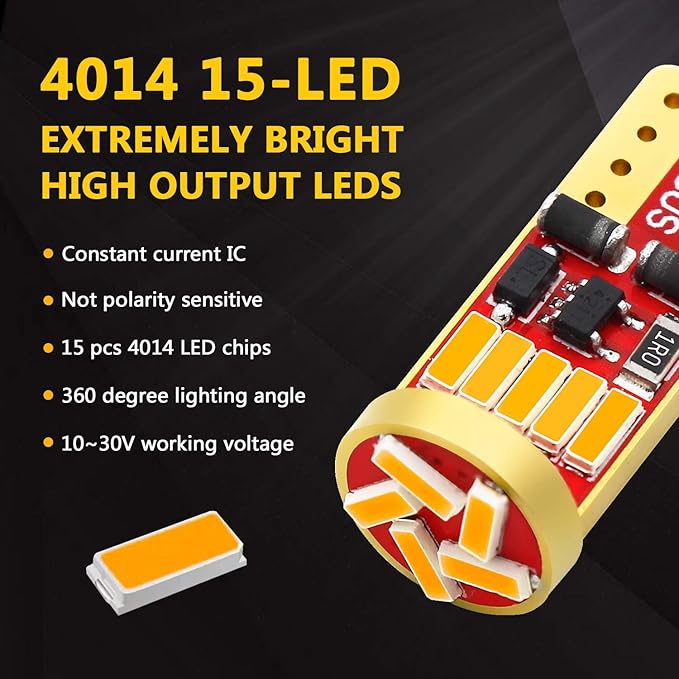 PHINLION 194 LED Bulb Amber Yellow Super Bright 168 2825 2827 T10 W5W Wedge LED Replacement Bulbs for Car License Plate Interior Dome Map Reading Courtesy Side Marker Lights, Pack of 2