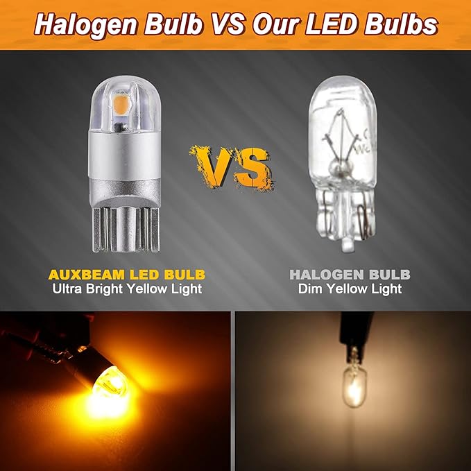 Auxbeam 194 T10 LED Bulbs Amber Yellow, Non-Polarity Extremely Bright 168 W5W Car Interior Lights, T10 Replacement Bulb for License Plate lights, Dome Map Light, Dashboard Lights, 2 PCS