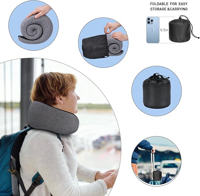 Neck Travel Pillows for Airplanes Memory Foam Neck Comfort Pillow Compact Ergonomic Design Sleeping Essentials for Long Flights Car Rides and Home Use (Grey)