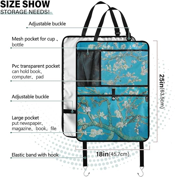 Automotive Seat Back Organizers Car Seat Organizer Waterproof Car Back Storage Kick Mat, Backseat Car Organizer with Pockets,Car Seat Protector Fit All 1Pcs Almond Blossom