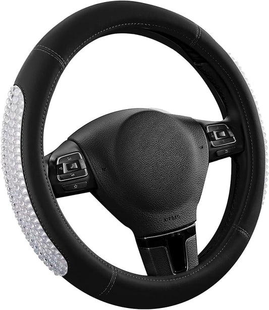 PIC AUTO Steering Wheel Cover, Glitter Gel Particles & Black Luxury Leather Car Steering Cover, Universal Fit 14.5"-15.5" Anti-Slip Car Wheels Cover for Girls & Women