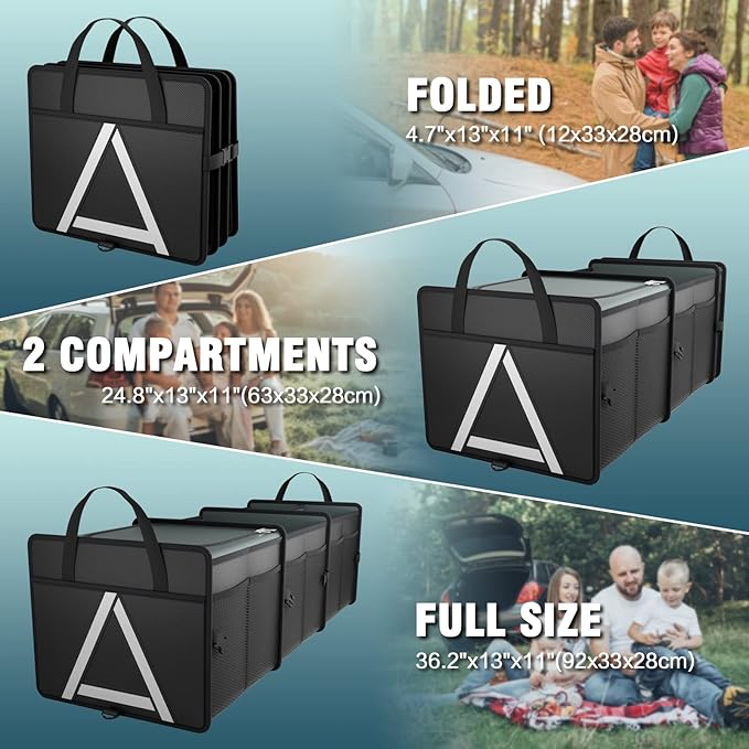 K KNODEL Sturdy Car Trunk Organizer with Premium Insulation Cooler Bag, 3 Compartments Heavy Duty Collapsible for Car, SUV, Truck, or Van (Large, Black)