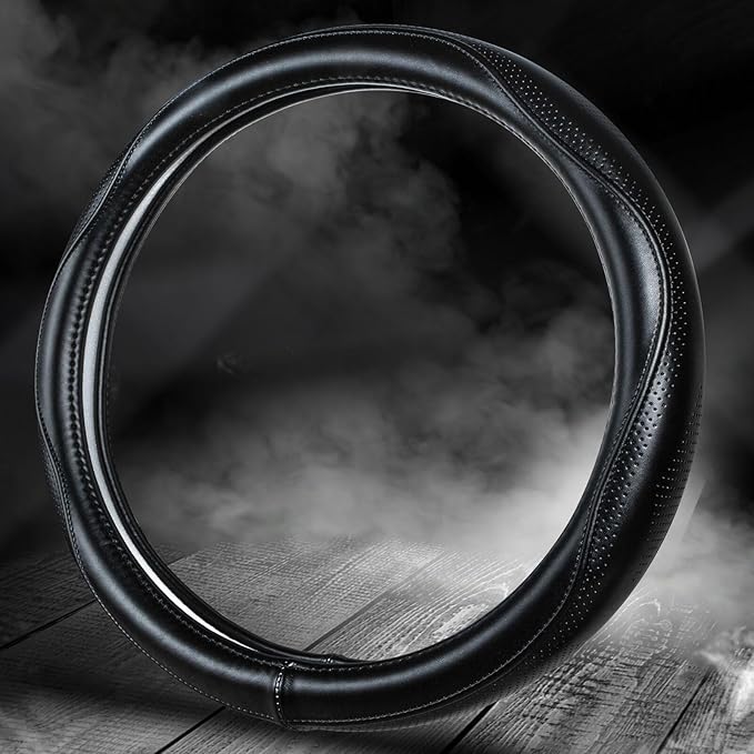 HAOKAY Top Grade Black Genuine Leather Steering Wheel Cover Men Women, Luxury Steering Wheel Cover for Cars, SUVS and Trucks，Universal 14.5-15 inch