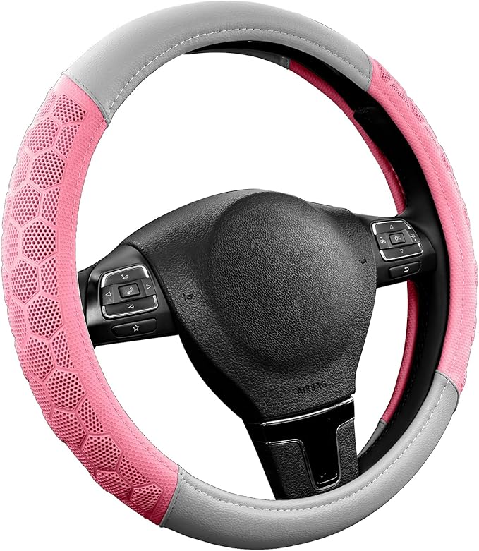 PIC AUTO Massage Steering Wheel Cover, Pink Football Pattern Material Spliced & Gray Leather Car Steering Wheel Cover, Car Steering Cover, Universal Fit 14.5"-15.5" for Cars, Trucks, Van, SUVs
