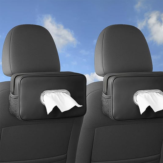 2Pack Multi-Functional Car Tissue Holder with ‌2 Tuck Nets, Upgraded PU Leather Tissue Box Cover, Large Rectangle Napkin Storage Organizer, Keep Car Tidy, Black