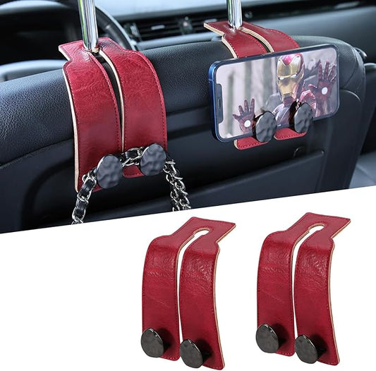 2PCS Leather Car Seat Hooks for Headrest, Vehicle Hanger Storage Organizer Universal for Handbag Purse, Car Accessories Gift (Red-Black)
