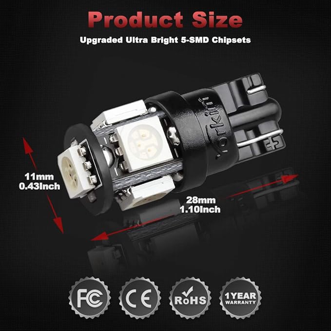 Yorkim 194 LED Bulbs Green Super Bright New 5th Generation, T10 168 LED Bulbs for Car Interior Dome Map Door Courtesy License Plate Lights W5W 2825, Pack of 10