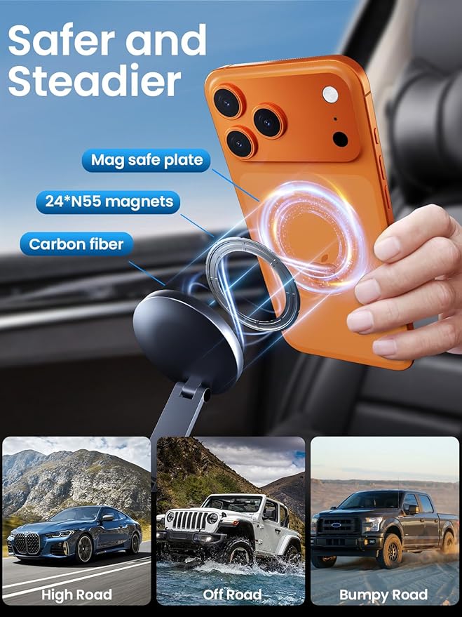 Magnetic Car Phone Holder for Magsafe, Alloy 360° Folding Cell Car Phone Mount with Ultra Stable Suction Cup and Reusable Gel, Dashboard Windshield Stand for iPhone 17-12 Android Pixel Samsung