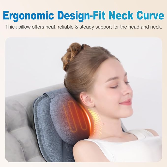 Back Massager with Heat, Full Body Massage Pad with Pillow Neck Support, Soft Plush Fabric Cover, Chair Massager with 3D Lumbar Truction and 8 Vibration Motors, Gifts for Dad Mom, Home Office Use