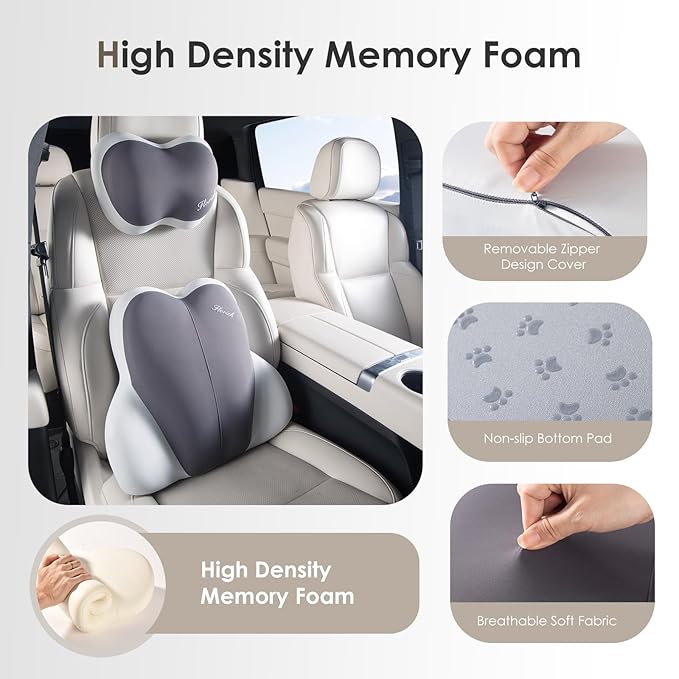FLORICH Lumbar Support with Car headrest Back Pillow for Chairs Headrest Pillow for Car Ergonomic Ultrathick Memory Foam Back Pillow for Office Chair (Beige Grey)