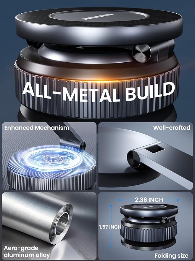 Magnetic Car Phone Holder for Magsafe, Alloy 360° Folding Cell Car Phone Mount with Ultra Stable Suction Cup and Reusable Gel, Dashboard Windshield Stand for iPhone 17-12 Android Pixel Samsung