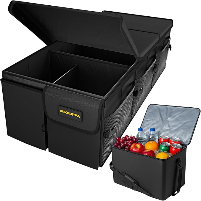 MIKKUPPA Car Trunk Organizer with Cooler - 95L Collapsible Trunk Organizer with Lid, Trunk Storage Organizers for SUV Truck Van with Adjustable Straps and Non Slip Bottom (Black, X-Large with Cooler)