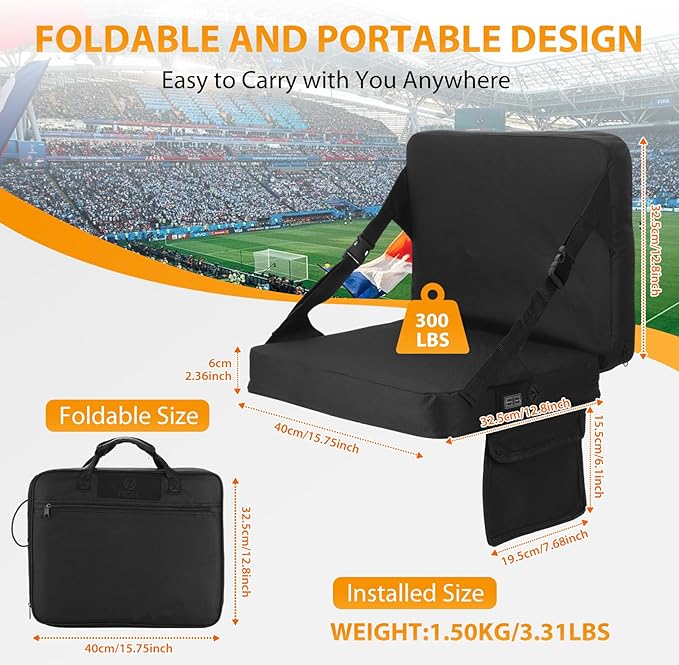 Nice C Heated Stadium Seat with Battery, Heated Seat Cushion, Heated Bleacher Seat, Stadium Seat with Back, Lightweight, Thick Padded with Carry Handle, Power Bank Included (2-P Heated Black)