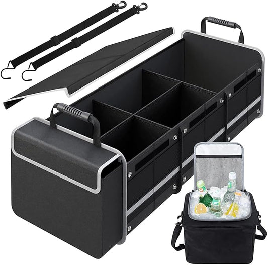 Car Trunk Organizer,115L Heavy Duty Collapsible Trunk Storage, with Insulated Leakproof Cooler Bag Vehicle Cargo Organizer with Lid, 3 Compartments, Straps For Car,Suv,Jeep,Sedan-Black