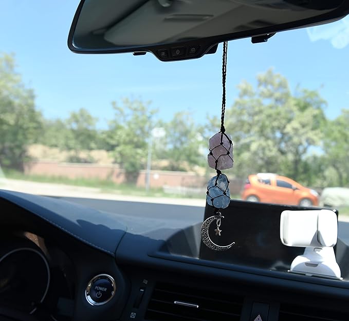 BOHO GARDEN Hanging Car Charm - Rose Quartz, Blue Calcite - Dangling Moon & Healing Crystal Accessories, Rearview Mirror Decorations - Love, Connection, Self-Worth, Calmness, Communication, Creativity