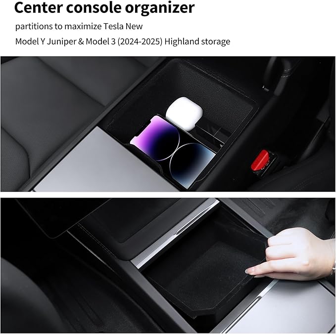 9Pcs Set Center Console Organizer Tray for Tesla Model Y Juniper 2025 2026, Under Seat Storage Box with Lid, Black, 2-Piece Set