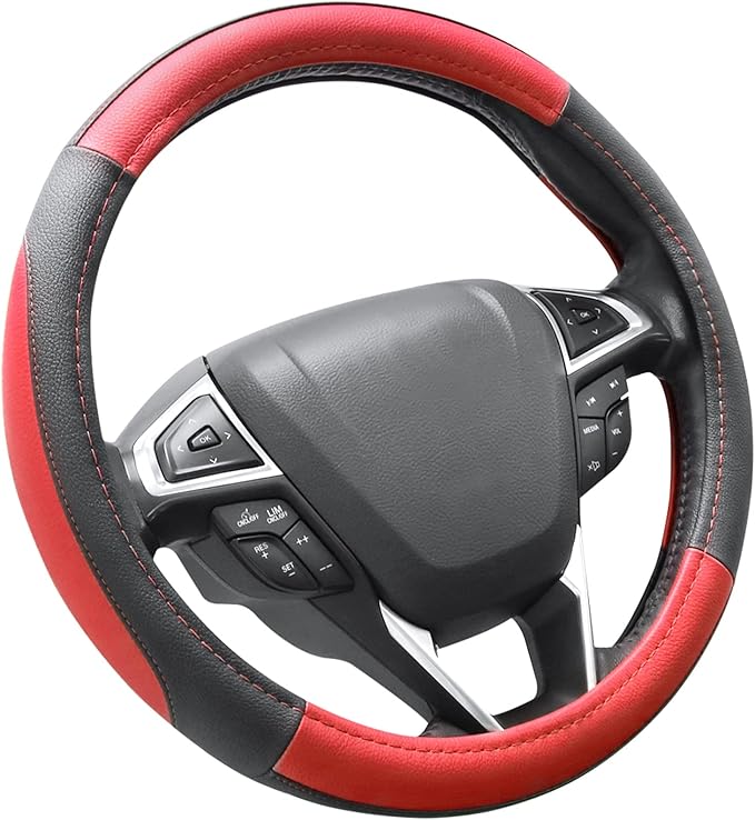 SEG Direct Car Steering Wheel Cover for F-150 Tundra Range Rover 15.5-16 inch, Black and Red Microfiber Leather