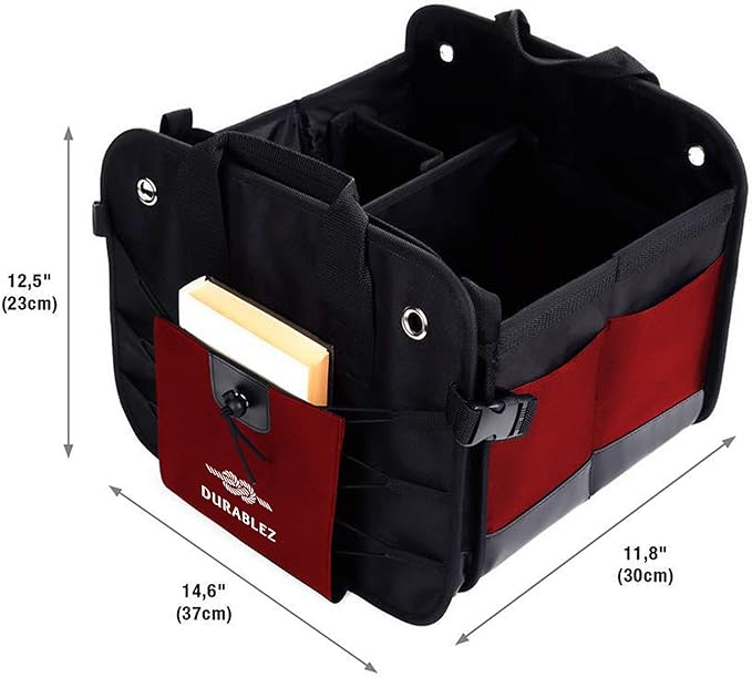 2-Section Foldable Trunk Organizer – Compact Car Storage for Groceries, Kids Items, Travel Gear – Dual-Compartment Cargo Bin with Cover Net – Red