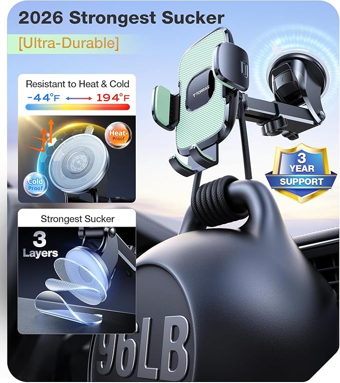 TORRAS 2026【Strongest Suction & Ultra-Durable】 Phone Holders for Your Car,【Patent & Safety Certs】 Car Phone Holder Mount Truck Stand for Dashboard Windshield Vent for iPhone 17 16 15 14 13, Sage