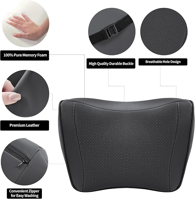 Car Headrest Pillow 100% Memory Foam, Breathable Removable Leather Cover, Premium Seat Support Head Neck Cushion for Driving Travel Home Office, Black, 1 Pack