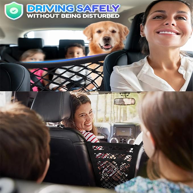 DYKESON Pet Barrier Dog Car Net Barrier with Car Mesh Organizer Baby Stretchable Storage Bag Universal for Cars, SUVs -Easy Install,Safer to Drive with Pets and Children, 3 Layer S