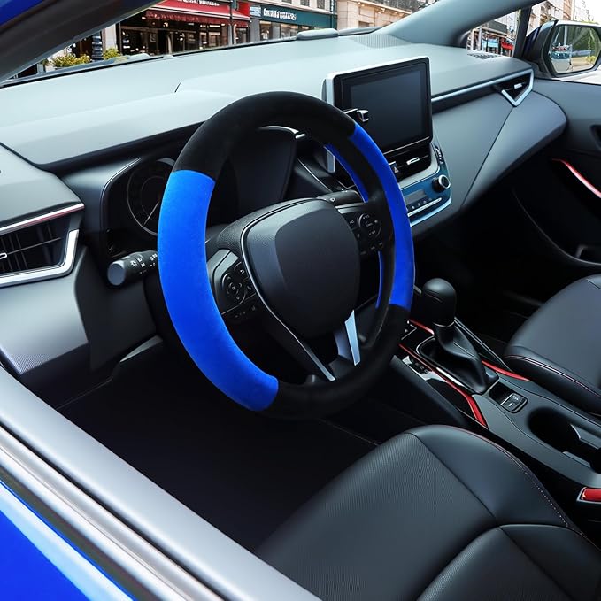 SEG Direct Steering Wheel Cover for Car, Standard Size 14.5-15 inch, Auto Interior Accessories, Warm Plush, Summer Winter, Black and Blue