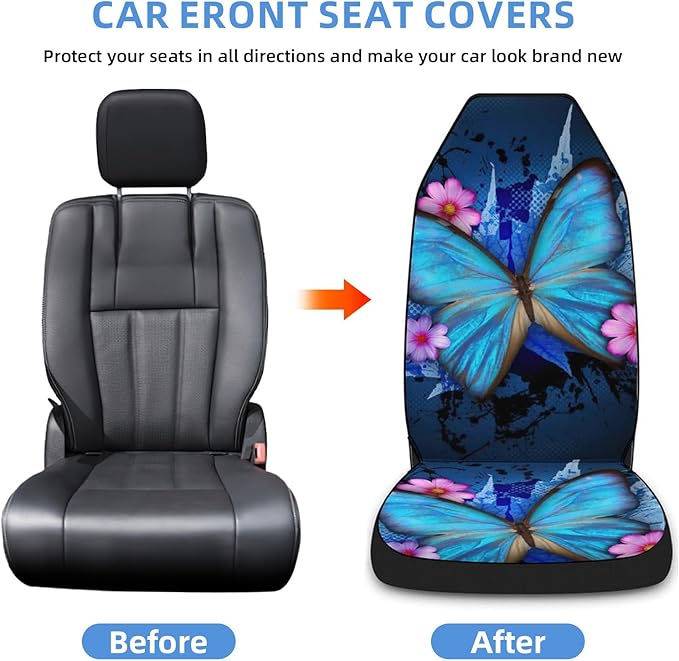 5 Pcs Premium Blue Butterflies Car Seat Cover, Breathable & Washable Car Seat Covers Full Sets, Fashionable Printed Seat Covers for Cars Interior, Universal Fit for Most Cars, Sedan, Truck, SUV