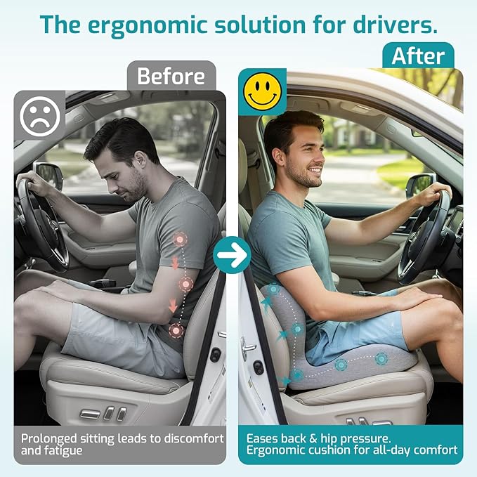 Trucker Seat Cushion, Car Seat Cushions with Lumbar Support Pillow, Ergonomic L-Shaped One Piece Memory Foam Pad for Long Driving Back Pain Sciatica Relief, Drivers Office Workers (Black+Light Gray)