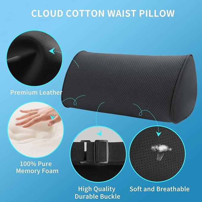 Lumbar Support Pillow for Car Seat and Office Chair, Gaming Chair, Ergonomic Memory Foam Back Cushion Lower Back Pain Relief, Luxury Leather Back Support Pillow, Black, 1 Pack