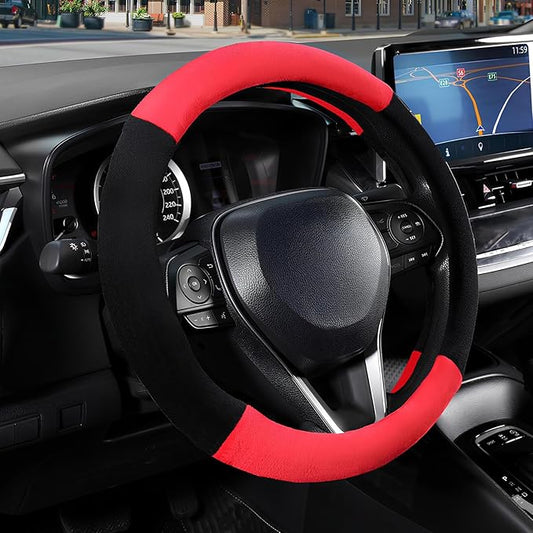SEG Direct Steering Wheel Cover for Car, Standard Size 14.5-15 inch, Auto Interior Accessories, Warm Plush, Summer Winter, Black and Red