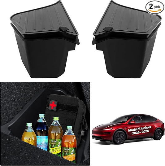 for Tesla Trunk Storage Bins Model Y Juniper 2026 2025 Refresh Rear Organizer with Lid Trunk Side Storage Box Model Y Interior Accessories TPE Waterproof Cargo Storage Bins Black 2PCS