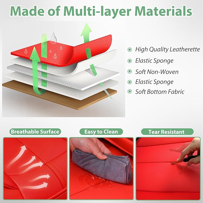 2 Pack Leather Front Car Seat Cover Bottom Only, Anti-Slip Padded Seat Cushion, Full Wrap Seat Protector with Storage Function Universal Fit for Most Cars, SUV, Pick-up Trucks (Red)